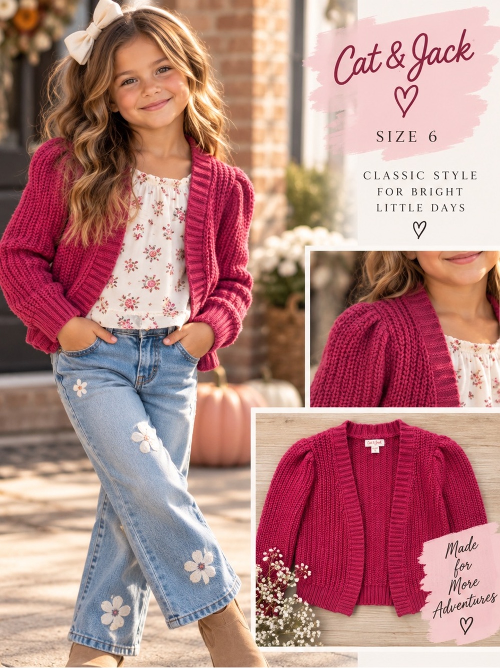 Cat & Jack Girls Size 6 Pink Chunky Knit Cardigan Sweater Fall Cottagecore